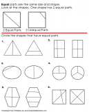 Equal Parts Kids Worksheet - Equal parts are the same size and shape. Look at the shapes. One shape has 2 equal parts. Circle the shapes that have equal parts.