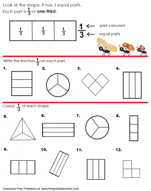 One Third Equal Parts Worksheet - Look at the shape it has three equal parts - write the fraction or color a third