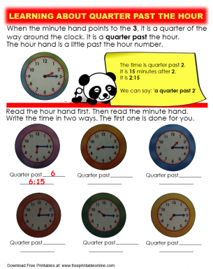 Quarter Past Hour Time Worksheet - Write the time in two ways