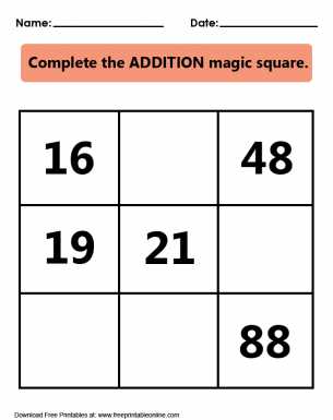 Addition Magic Square Printable Worksheet