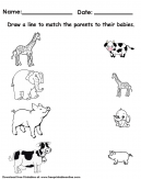 Animals Matching Worksheet - Draw a line to match the parents to their babies.