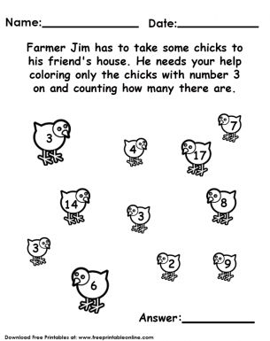  Counting and Coloring Worksheet - Count farmer jums chickens that have the number 3 on them