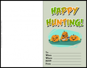 Happy Hunting Halloween Invitation Card - Featuring 3 creepy jack-o-lantern pumpkins