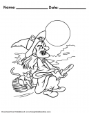 Halloween Witch Coloring Pages with an ugly witch on her broomstick flying through the night sky.