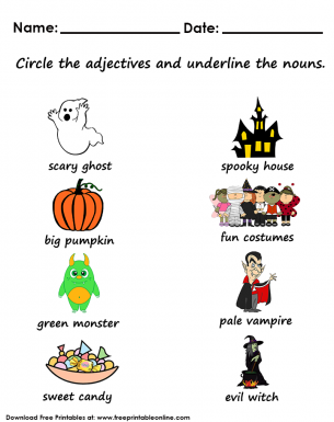 Creepy Halloween Themed Images - circle the Adjectives and underline the Nouns - Execise Worksheet