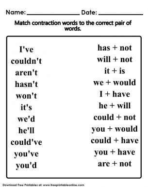 Contraction Words Worksheet - Match the contraction words to the correct pair of words.