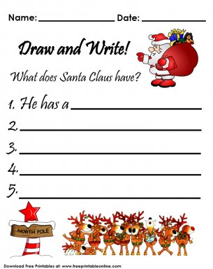 Santa Claus Draw and Write Worksheet - Christmas worksheet santa and his reindeers and presents at the north pole