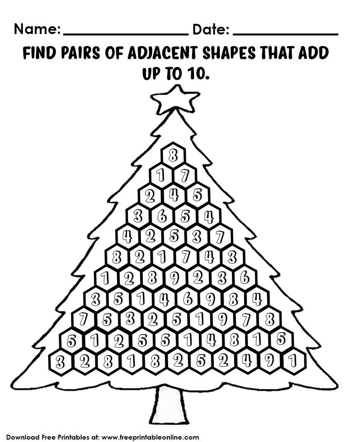 Christmas Tree Addition of adjacent number to get 10 sheet