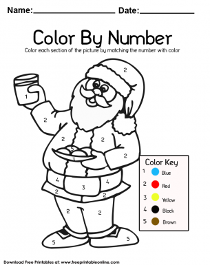 Color by Number worksheet with a Christmas Themed Santa Claus Design and color key to help with the coloring