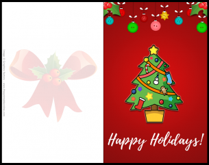 Christmas card design with a Christmas tree on it full of decorations that says happy holidays on it