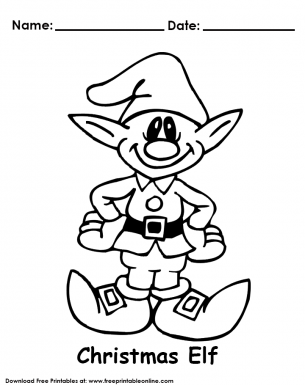 Happy smiling christmas elf in a black and white line drawing ready to be coloured in with christmas colors.