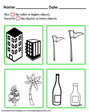 Short and Tall Objects Worksheet For Kindergarten - Box the taller or higher objects. Encircle the shorter or lower objects.