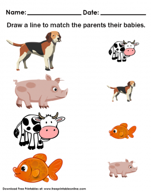  Matching Baby Animals Kids Worksheet - Draw a line to match the parents with the babies.