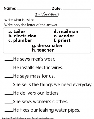 What Profession Is It? Kids Worksheet - Do your best, write what is asked and only write the letter of the answer.