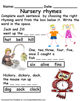 Nursery Rhymes Activity Worksheet For Kids - Complete each sentence by choosing the right rhyming word from the box below it.
