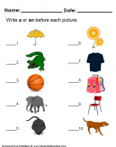 Teach them how to use A and An correctly With this A and An Preschool Grammar Worksheet - Write a or an before each picture