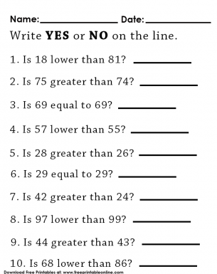 Greater Than, Lower Than and Equal Worksheet. Write Yes or No on the line that answers the question