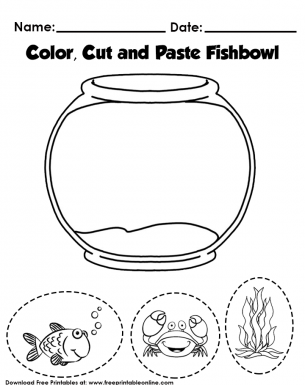 Color and Cut Paper Craft and Activity Worksheet for Kids - The worksheet of a fish, a turtle and aquarium decoration. Color, Cut and paste Fish bowl