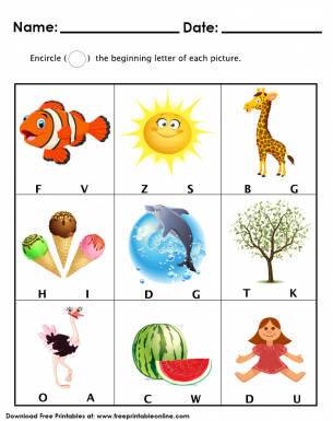 Beginning Letter - Kids Worksheet - Encircle the begining letter of each picture