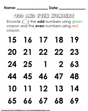 Odd and Even Worksheet for Kids. Encircling the odd number by green and even number with red.