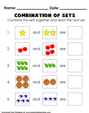 Combination of Sets Math Worksheets - Combine the sets together and draw the next set.