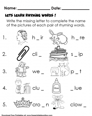 Supply the blanks with the missing letters to complete each rhyming words. Word Completion and Rhyming-Kids Worksheet