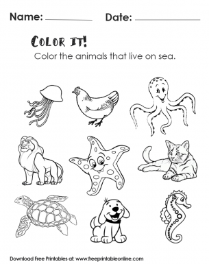 Color It Worksheet - Color the Animals That Live in the Sea