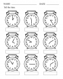 pictue of a worksheet with different clock times all in three row of three clocks