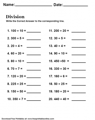 Division worksheet - Write the correct answer to the corrisponding line