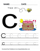 Trace it and practice the letter C - C is for cake - trace it with uppercase and lowercase letters including practice lines