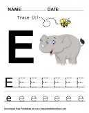 Trace it and practice the letter E - E is for elephant - trace it with uppercase and lowercase letters including practice lines