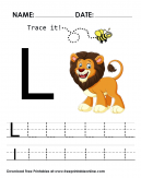 Trace it and practice the letter L - l is for Lion, trace it upper and lower practice within the lines