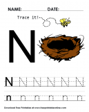 Trace it and practice the letter N - N is for nest - trace it with uppercase and lowercase letters including practice lines