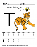 Trace it - Trace The Letter T Worksheet - T is for Tiger