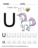 Trace it - Trace The Letter U Worksheet - U is for Unicorn