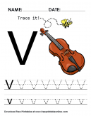 Trace it - Trace The Letter V Worksheet - V is for Violin