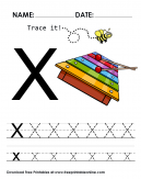 Trace it and practice the letter X - X is for xylophone - trace it with uppercase and lowercase letters including practice lines