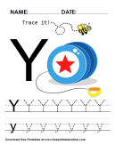 Trace it and practice the letter Y - Y is for yo-yo - trace it with uppercase and lowercase letters including practice lines