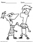 A coloring sheet with Phineas And Ferb getting up to adventures