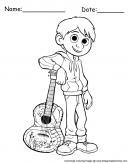 Coloring sheet featuring the character of Miguel from Disney Pixar’s hit movie, Coco leaning on his guitar