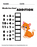 Math For Fun Addition Worksheet  - Featuring a cute little kitten