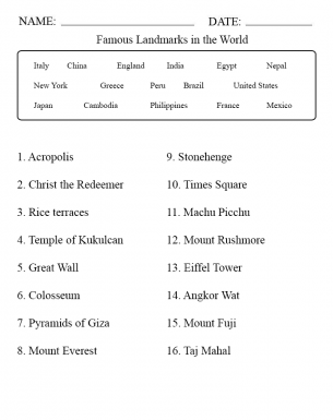 Famous Landmarks Middle School Worksheets - Which Country Do They Belong?