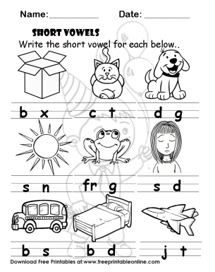 Short Vowels - Write The Short Vowel for each below - Worksheet for Kindergarten