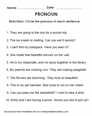 Pronoun Worksheet - 10 Free exercises to identify the pronouns
