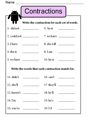 Contractions Worksheet - Learn sentence structures, contractions and phonic