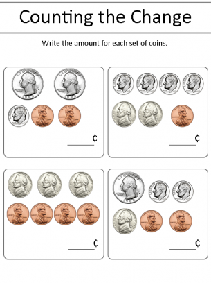 Counting the Change Worksheet - Write the amount of each set of coins.