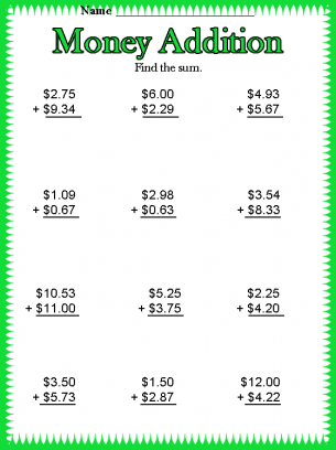 Dollar Addition Worksheets