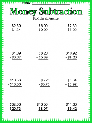 Dollar Subtraction Worksheet 