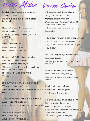 Vanessa Carlton 1000 Miles Lyrics Sheet  