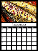 November Blank Monthly Calendar with corn cobs sitting on some straw ready for thanksgiving